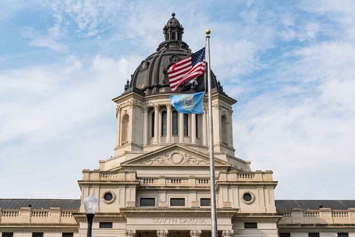 Building with dome and flags flying outside.