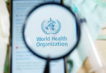 Magnifying glass focused on World Health Organization logo.