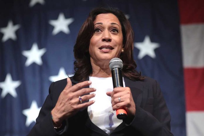 Woman speaking with microphone, American flag background.