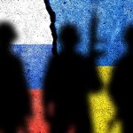 Silhouetted soldiers with Russian and Ukrainian flag backgrounds.