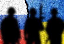 Silhouetted soldiers with Russian and Ukrainian flag backgrounds.