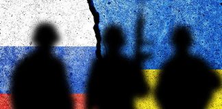 Silhouetted soldiers with Russian and Ukrainian flag backgrounds.