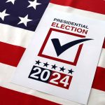 Presidential election 2024 sign on American flag.