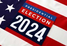 Presidential Election 2024 sign on American flag.