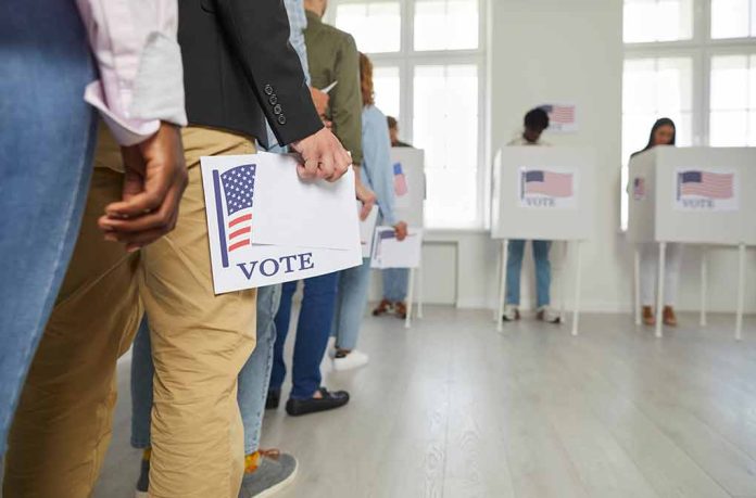 People standing in line holding voting papers