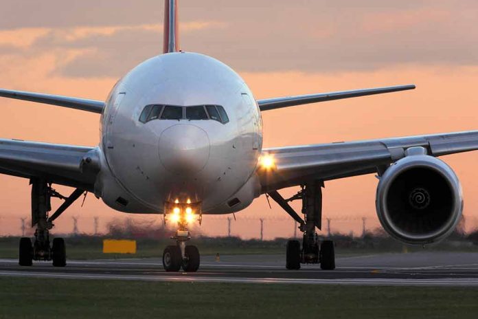 Airplane on runway during sunset, lights on.