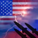 U.S. and Russian flags with missiles and lightning.