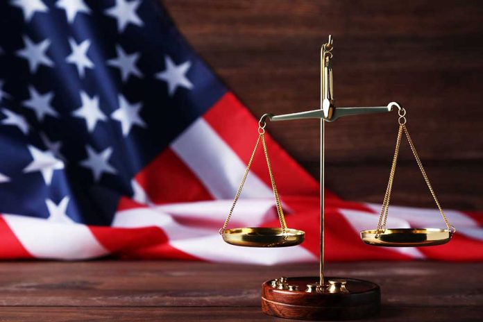 Scales of justice and American flag background.