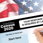 Hand filling out the U.S. Census 2020 form.