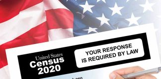 Hand filling out the U.S. Census 2020 form.