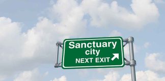 Green sign saying Sanctuary City Next Exit.