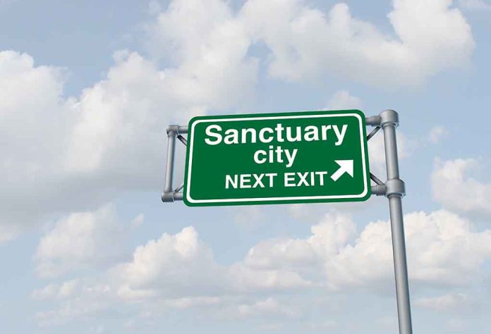 Green sign saying Sanctuary City Next Exit.