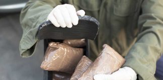 Person handling packages wearing gloves and green jacket