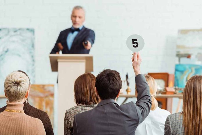 Person bidding at an auction holding number five.