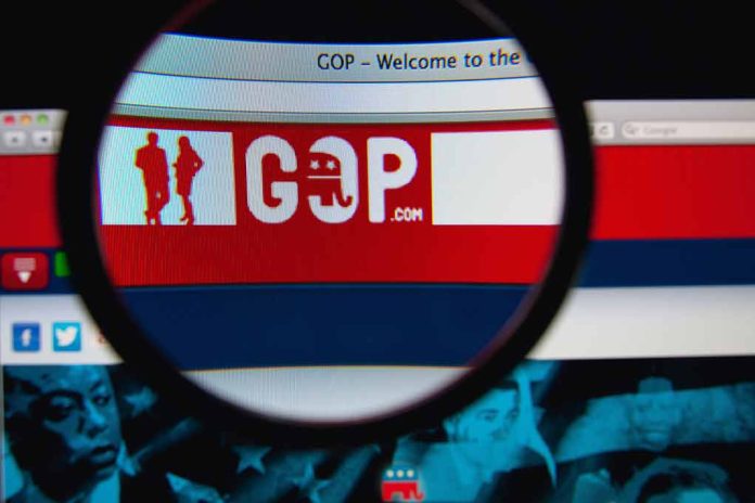 Magnifying glass over GOP website logo