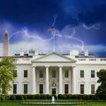 White House under stormy sky with lightning bolts.