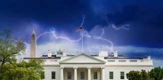 White House under stormy sky with lightning bolts.