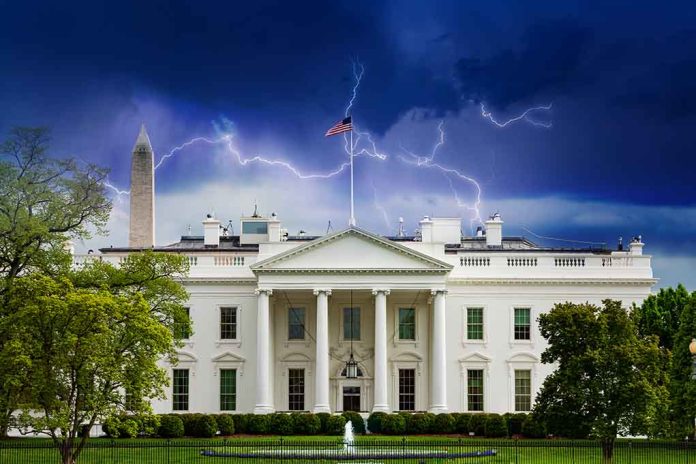 White House under stormy sky with lightning bolts.