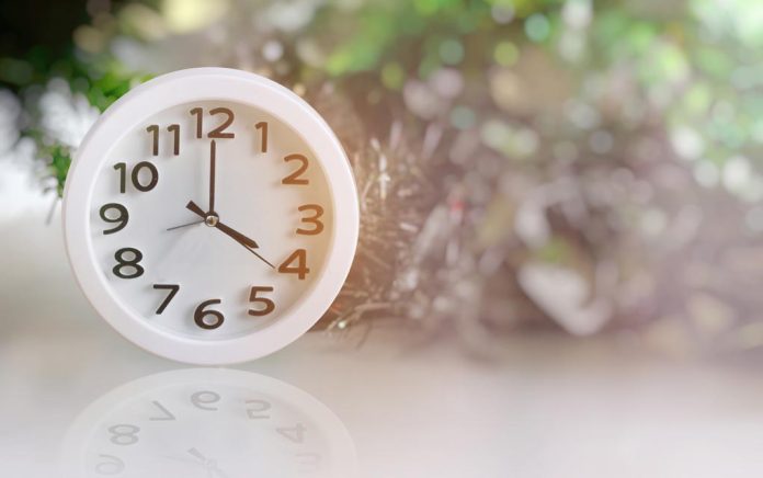 White analog clock with blurred green background