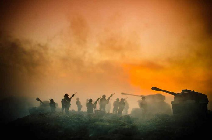 Soldiers and tanks in the foggy battlefield.