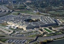 Aerial view of the Pentagon building and surrounding area.