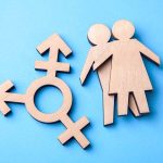 Wooden gender symbols on blue background