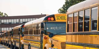 School buses lined up in front of building.