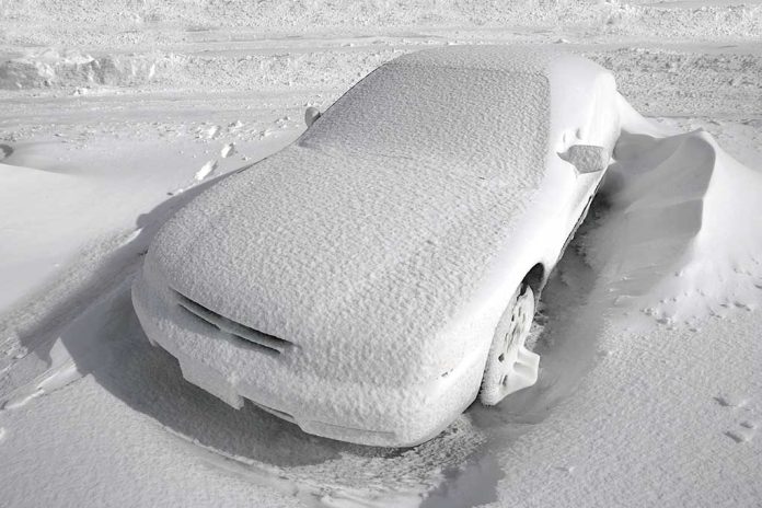 Car covered with snow in a parking lot