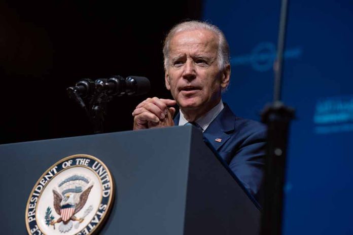 Man speaking at podium with presidential emblem visible