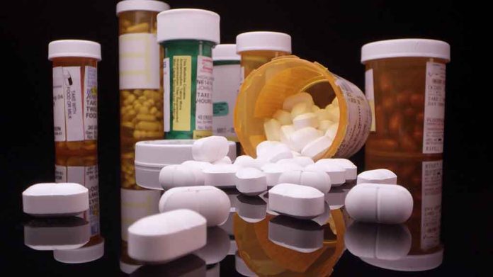 Various prescription pill bottles with scattered white tablets.