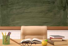 Classroom desk with books, apple, and chalkboard