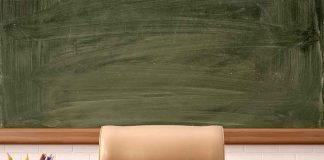 Classroom desk with books, apple, and chalkboard