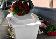 White coffin with red roses inside a hearse