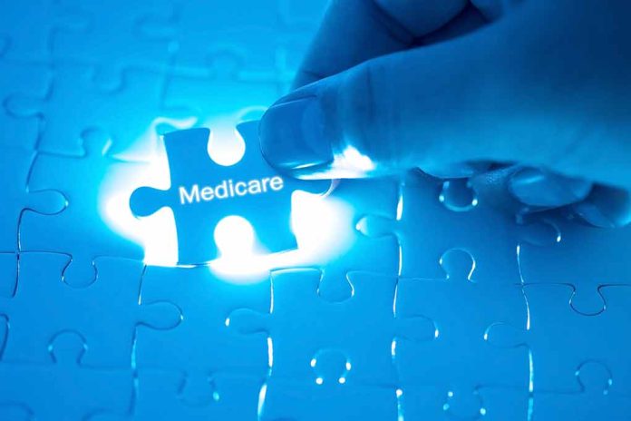 Hand holding Medicare puzzle piece over board