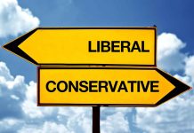 Liberal and conservative road signs against sky background