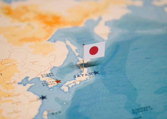 Map of Japan with flag pin placed nearby