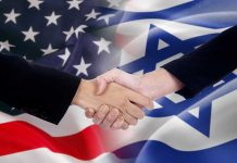 Handshake with USA and Israel flags background.