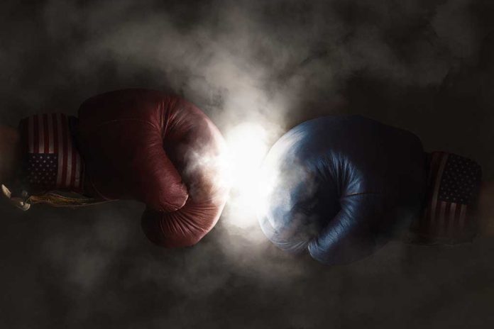 Red and blue boxing gloves clashing with smoke.