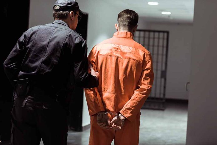 Officer escorting handcuffed prisoner in orange jumpsuit