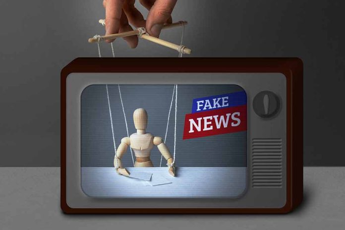 Puppet manipulated inside TV with fake news banner