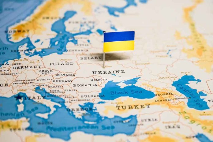 Map with a Ukrainian flag pin on Ukraine