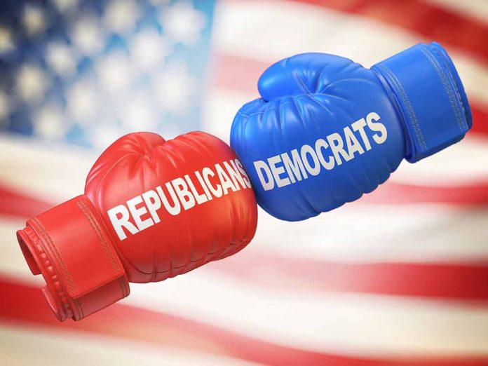 Red Republican and blue Democrat boxing gloves together