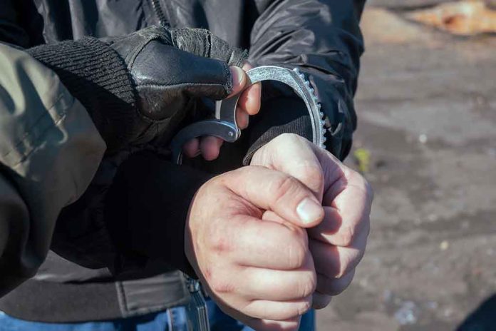 Gloved officer handcuffing a person's hands outdoors