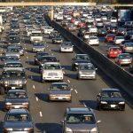 Heavy traffic on a multi-lane highway.