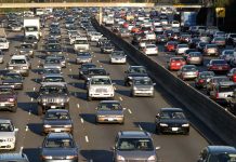 Heavy traffic on a multi-lane highway.