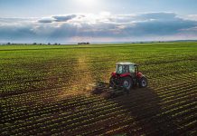 Tractor plowing a vast green field at sunset.