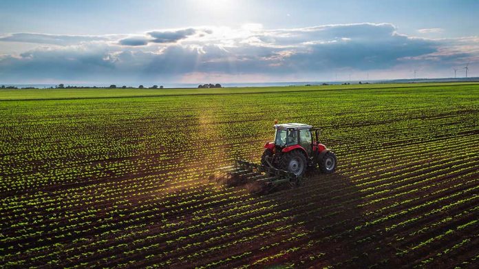 Tractor plowing a vast green field at sunset.