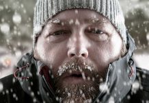 Man in snow with beard and knit hat